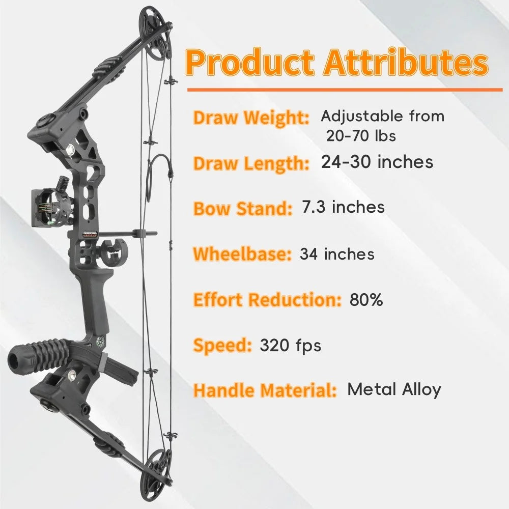 Archery Compound Bow with Spine 500 Carbon Arrows 20-70lbs Adjustable 320FPS High-Strength Alloy Handle RH/LH for Adults Beginners Hunting Shooting Target Practice Outdoor Sports Accessories