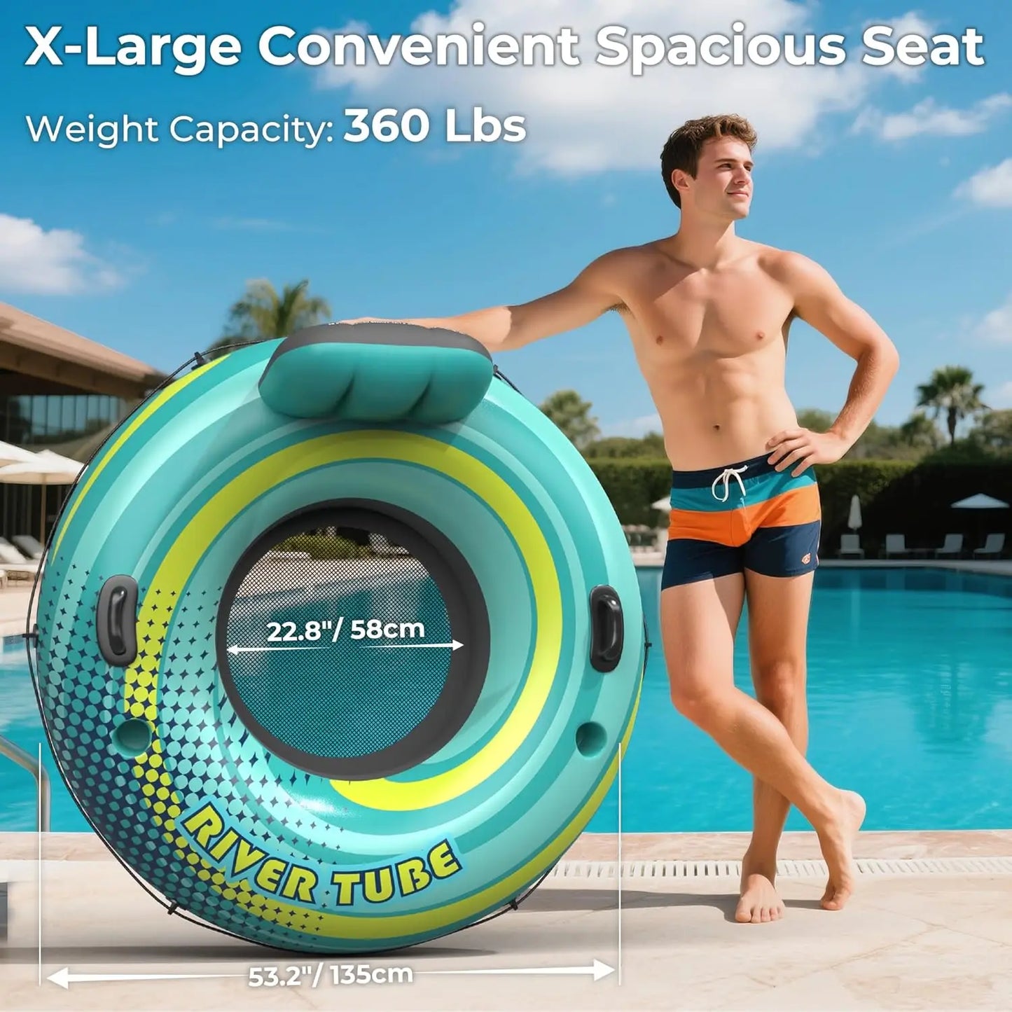 2-Pack 53" Heavy-Duty River Tubes for Adults, Inflatable Raft with Cup Holders, Backrest, Handles & Grab Rope, 360Lb Capacity
