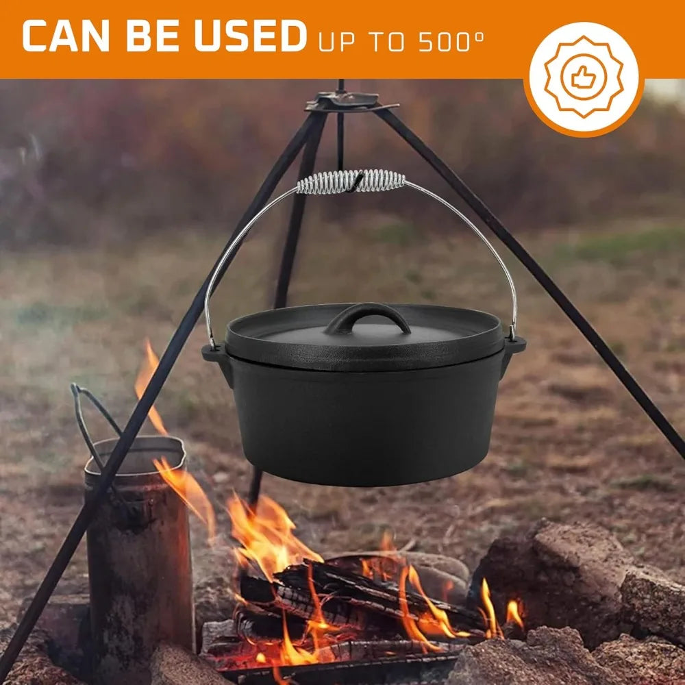 Camping Cook Set of 7 Pre-Seasoned Cast Iron Pots Pans Dutch Oven with Lids Outdoor Campfire Grill Skillet Set with Storage Box