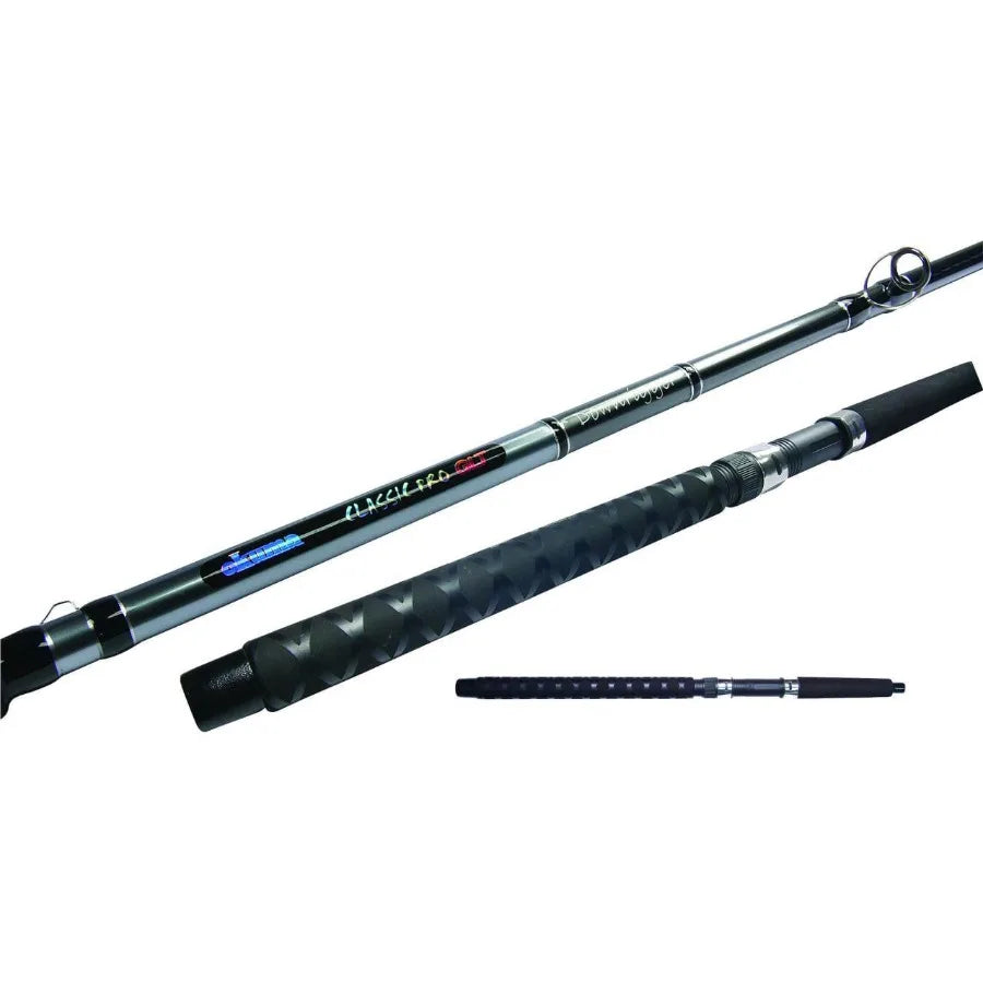 Fishing rod for trolling applications, graphite composite material, black color, medium-light power with 2-piece design for eas