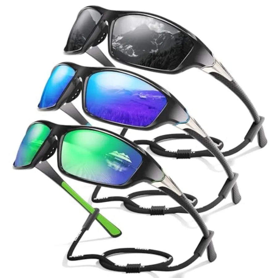 3 Pack Polarized Sports Sunglasses for Men, Mens Sunglasses Wrap Around UV Protection for Cycling Fishing Driving