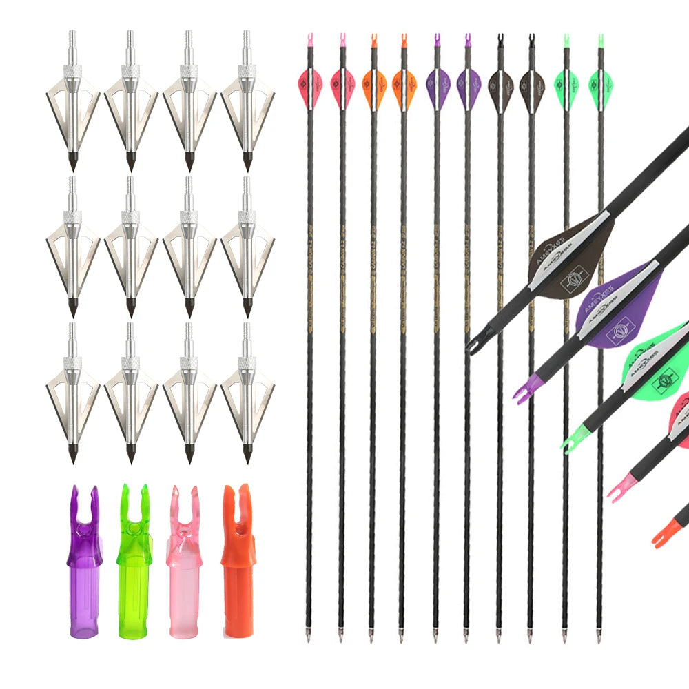 Carbon Arrows 12pcs 30'' SP300-400 ID6.2mm with 12pcs 100 Grain Broadheads and 12pcs Arrow Nocks for Compound Bow Hunting Target