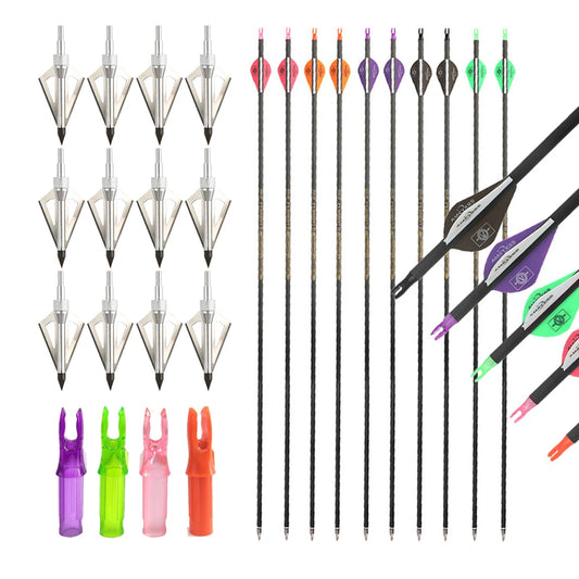 Carbon Arrows 12pcs 30'' SP300-400 ID6.2mm with 12pcs 100 Grain Broadheads and 12pcs Arrow Nocks for Compound Bow Hunting Target