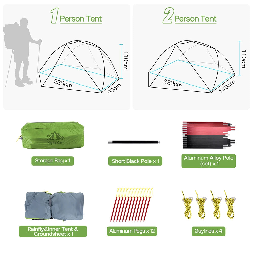 Night Cat Ultralight Backpacking Tent: Waterproof Lightweight Two People Camping Tent for Outdoor Hiking Trekking with Double Layers Aluminum Poles and Footprint 1- 2 Persons