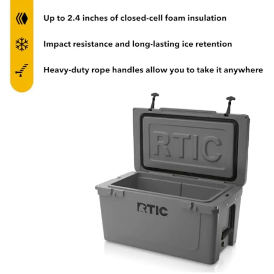 Beach, camping, picnic cooler: ultra-tough hard-shell insulated portable ice chest box in black with 65 QT capacity and extende