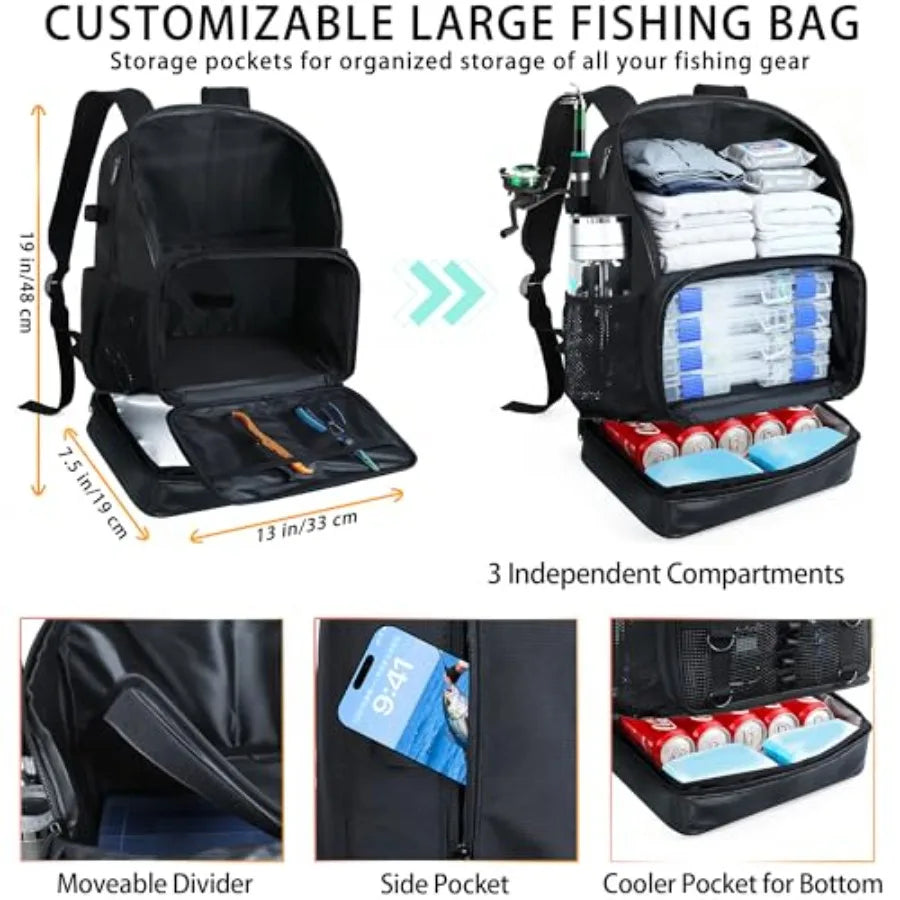 Fishing Backpack with Tackle Boxes and Rod Holder, Cooler, 30L Large Tackle Bag with Fishing Gear Lures Kit, Waterproof Bottom