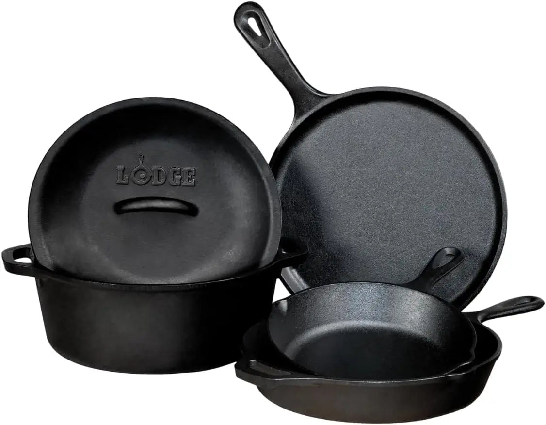 Cast Iron Skillet Set 5-Piece Pre-Seasoned Cookware with Griddle and Dutch Oven PFAS-Free Non-Toxic