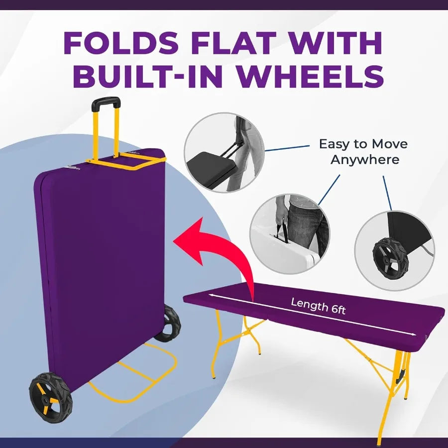 6Ft Rolling Folding Table with Builtin Wheels Durable Plastic Team Colors Easy to Carry Perfect for Camping Picnic Tailgating P