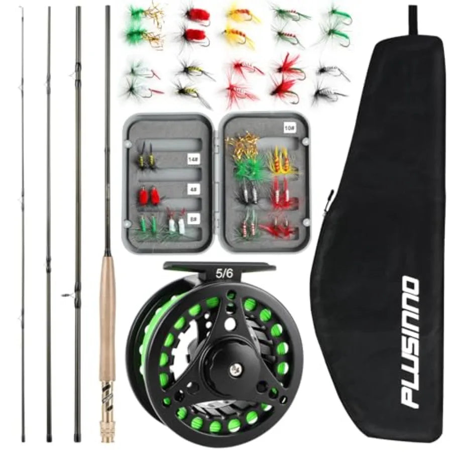 Fly Fishing Rod and Reel Combo, 4 Piece Lightweight Ultra-Portable Graphite Fly Rod 5/6 Complete Starter Package with Carrier B