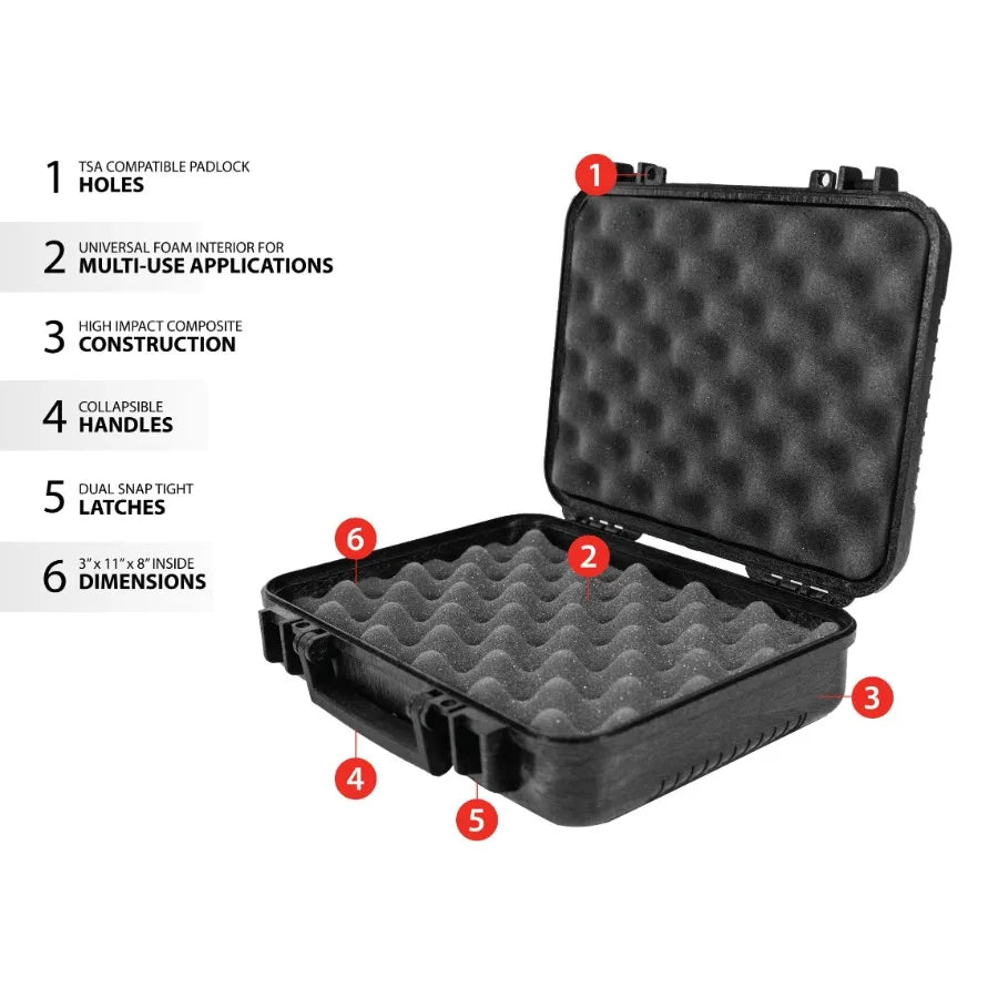 Max-Ops Black Hard Sided Handgun Case for Travel Storage, TSA Approved, Compact 3.5x11.5x9.5, Durable Shock-Resistant Shell, Se