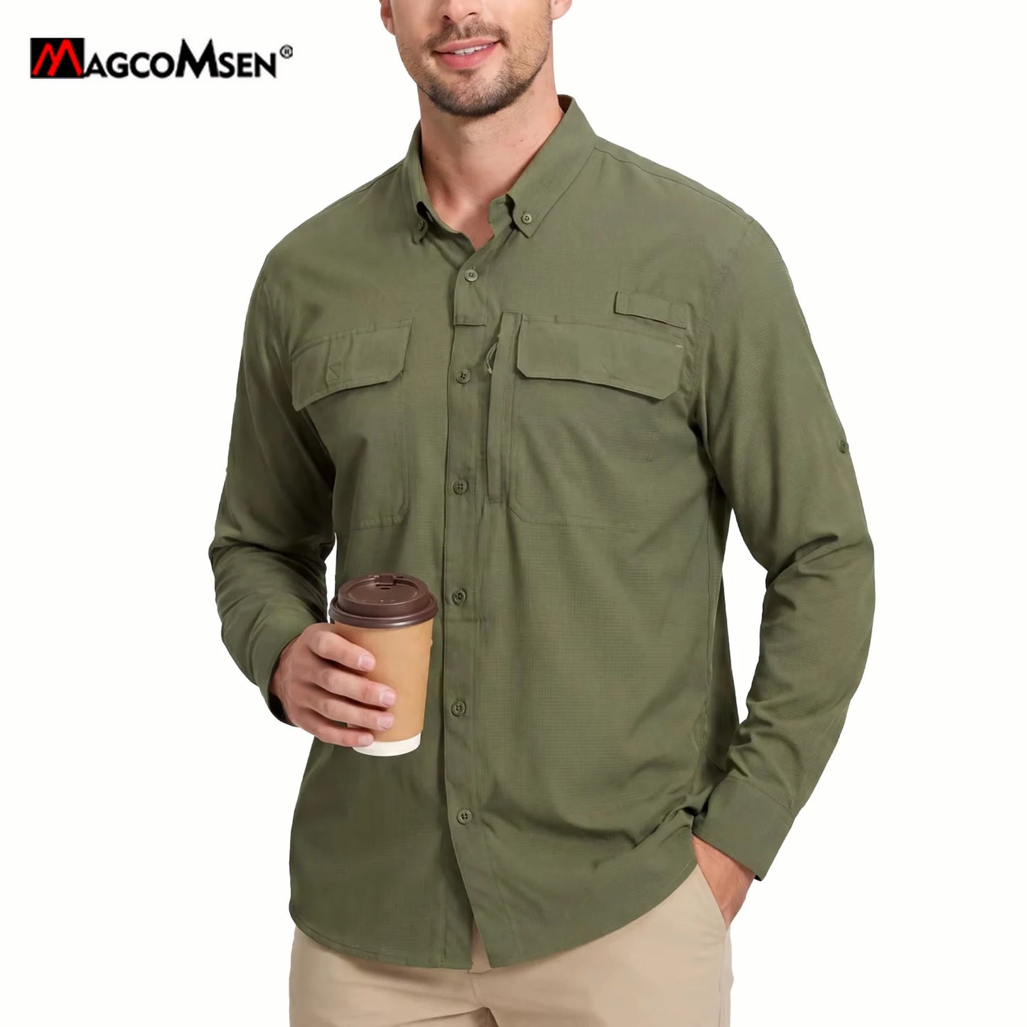 MAGCOMSEN Sun Protection Shirt Quick Dry Long Sleeve Mesh Breathable Shirt Multi Pockets Fishing Shirts Hiking Work Cargo Shirts
