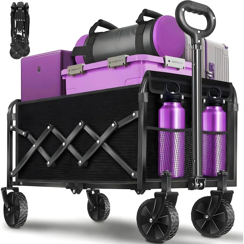 Collapsible Wagon Cart with Wheels & Drink Holders, Utility Folding Cart for Camping, Garden, Beach, Picnic, Grocery, Outdoor Sh