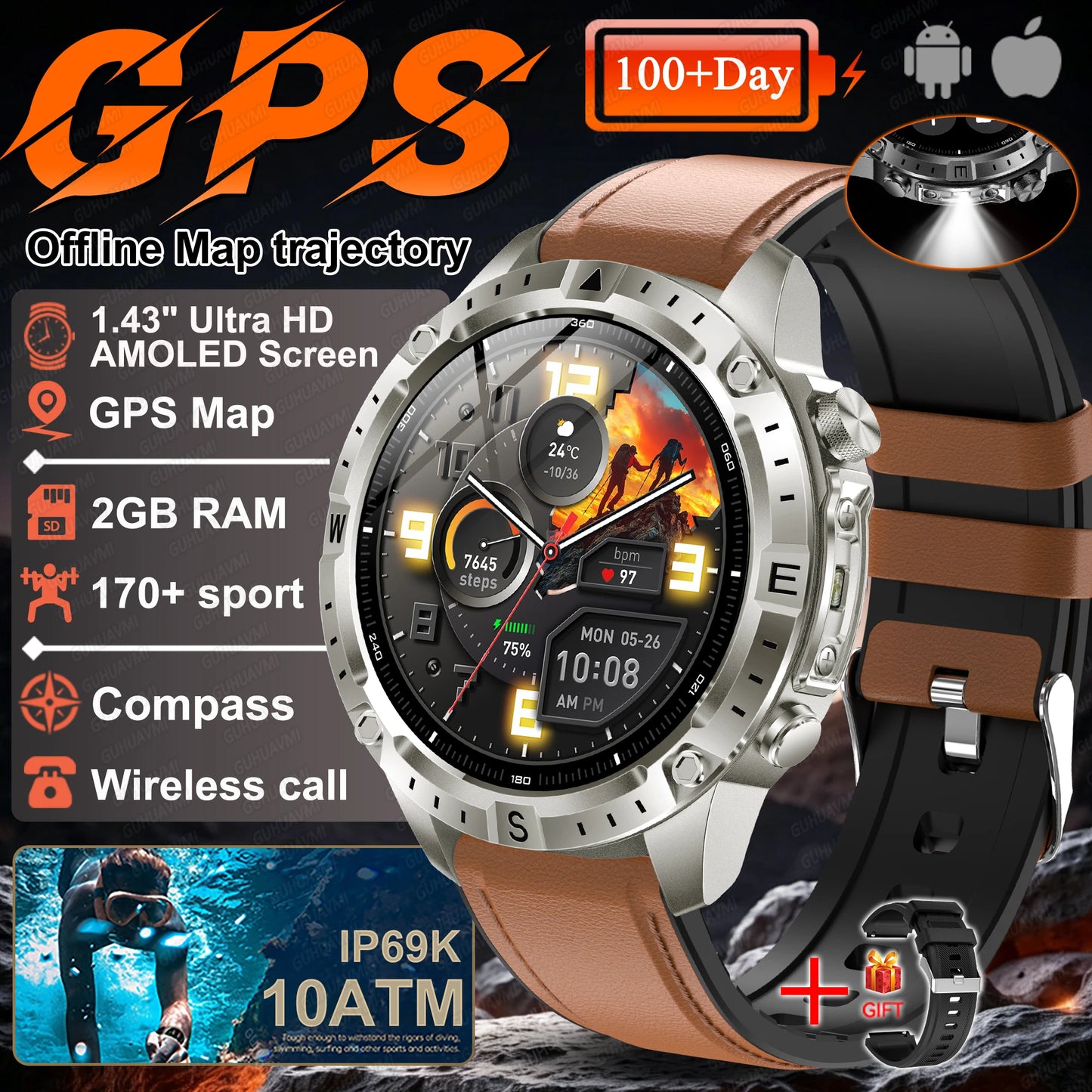 2026 NEW Outdoors Offline Map GPS Smart Watch L1+L2 Dual Band GPS Compass Cycling Run Swim Heart Rate 10ATM Military Smartwatchs
