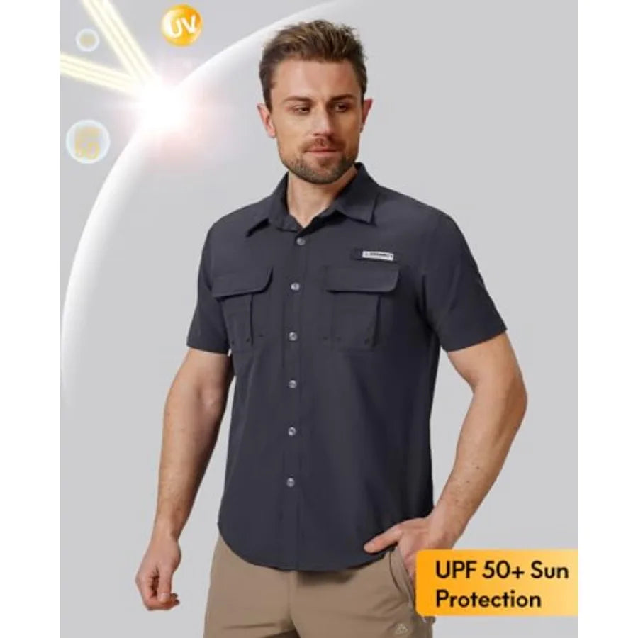 Haimont Men's Fishing Shirts Sun Protection Button Down Hiking Travel Camping Shirt Short Sleeve UV UPF50+ Top