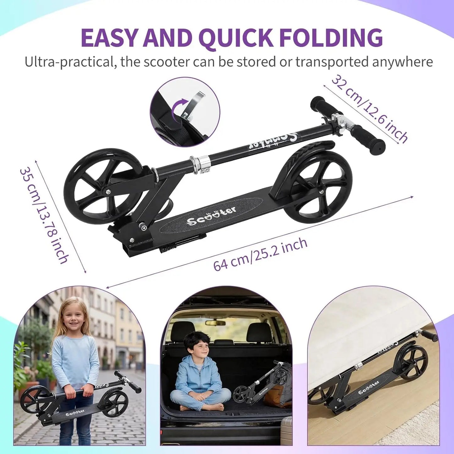 Urban Ride Kick Scooter for Kids Teens & Adults Ages 3-12 Years, Foldable Lightweight Design, Large 2 Wheels, Adjustable Handlebar, Non-Slip Deck & Sturdy Aluminum Frame