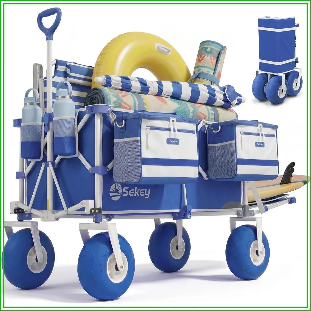 Heavy Duty Beach Wagon with 9" Sand-Proof Wheels, 300L Foldable Cart, Adjustable Handle, Cooler Bag for Camping