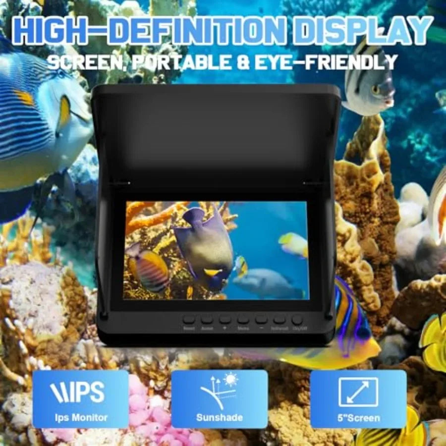 Boat fish finder with 5 IPS display, 1080 HD underwater camera, 220 wide angle, IP68 waterproof housing, 30M depth rating, 8 IR