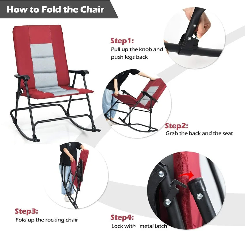 DORTALA Foldable Rocking Chair, Oversized Camping Rocking Chair w/High Back, Padded Folding Lawn Chair, Support 350 lbs,Portable