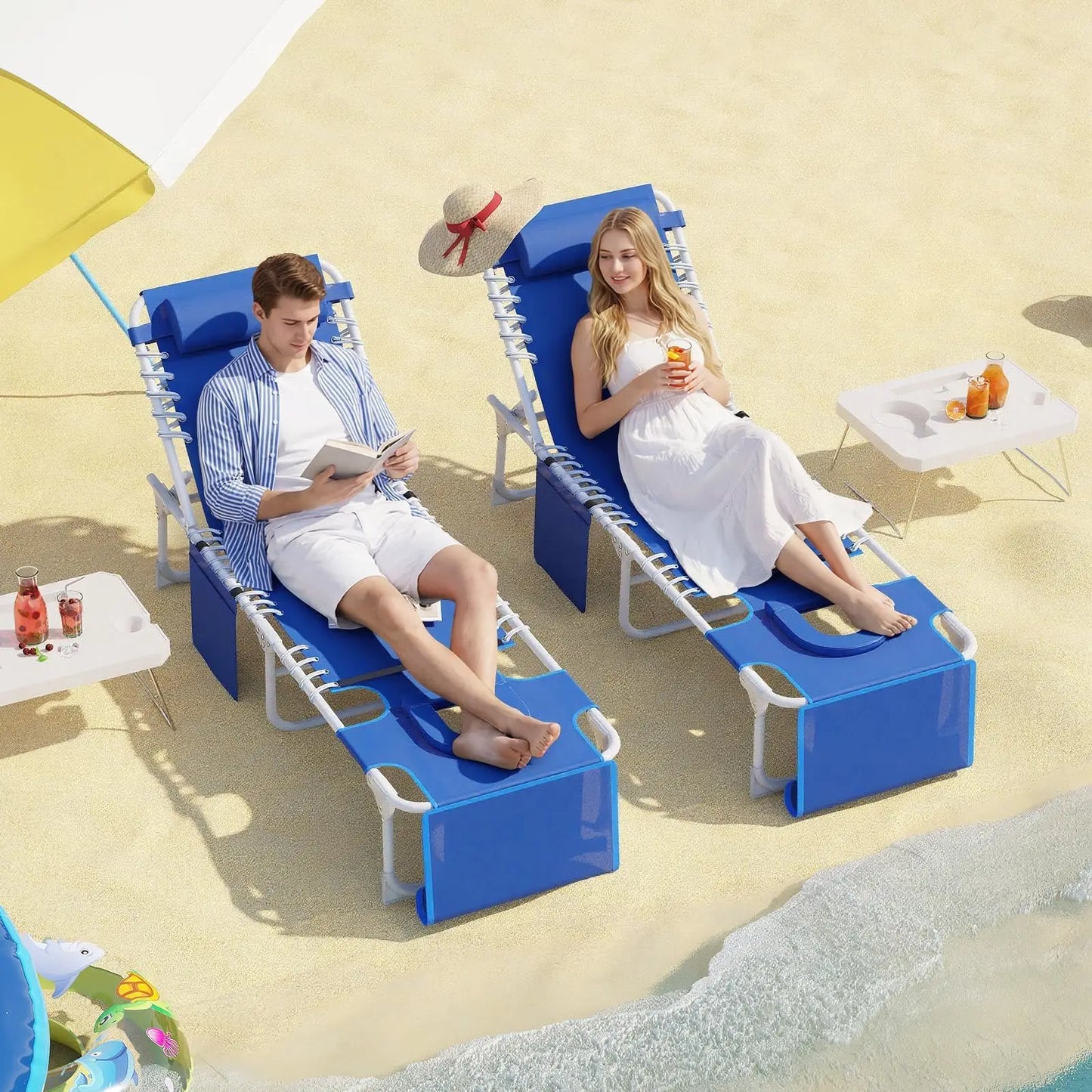 Tanning Chair With Face Hole 3-in-1 Beach Lounge Chair, 5-Position Reclining Outdoor Chaise With Table For Pool Patio Garden Deck