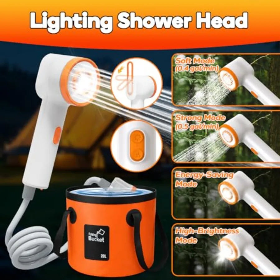 Portable Camping Shower Shower Head with LED Light Camping Shower Pump with Carbon Purification Foldable Bucket Summer Beach Ou