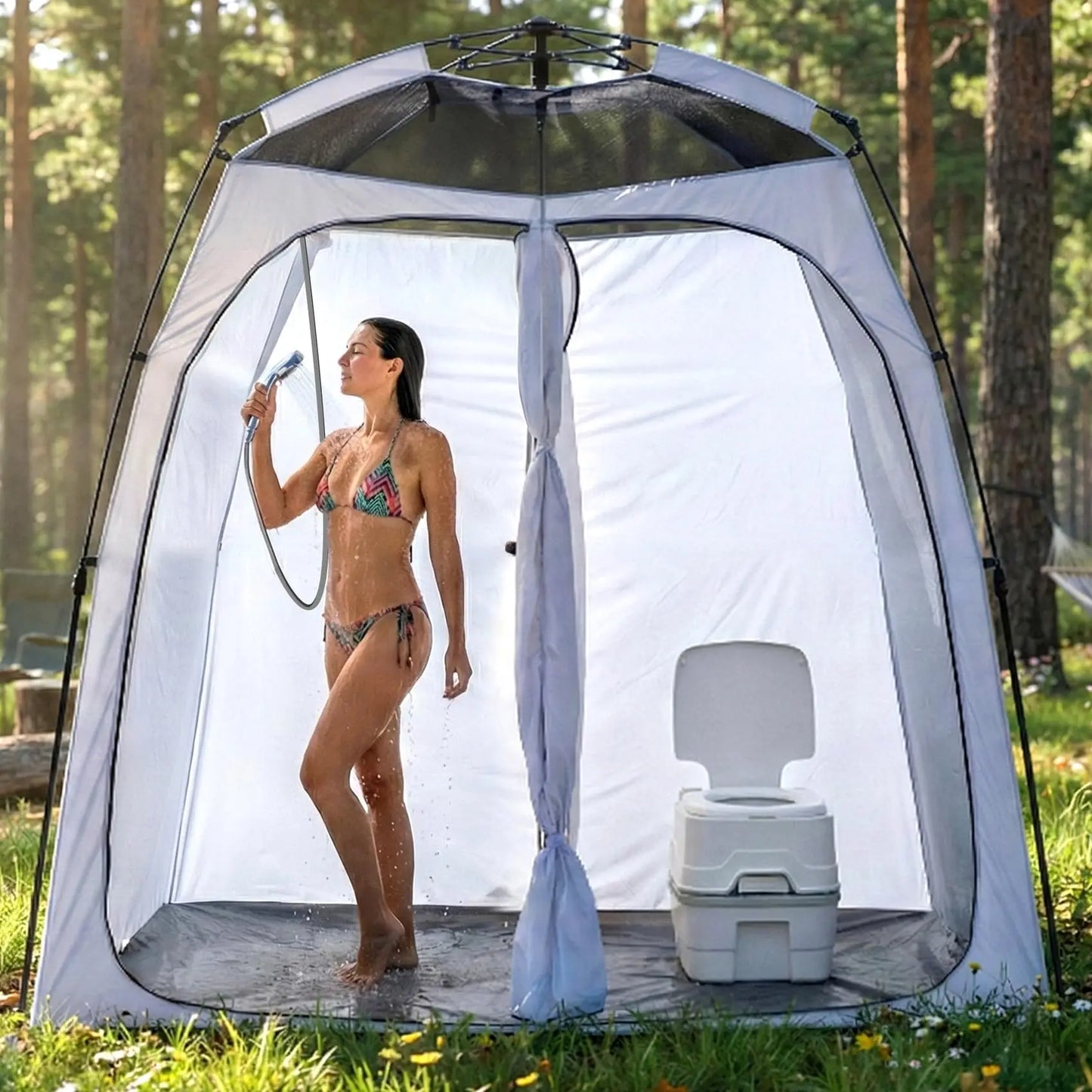 Portable Pop-Up Shower Tent With Floor Dual Doors Privacy Shelter For Camping Beach Changing Toilet