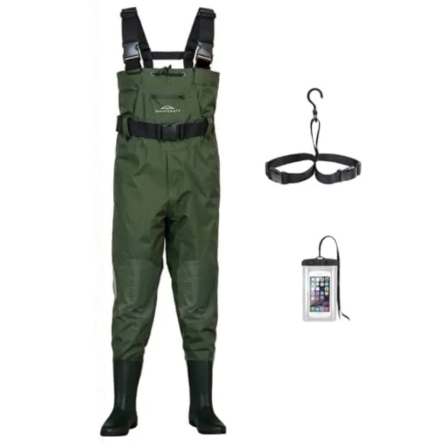 Fishing waders with boots for men and women, 700D nylon/PVC waterproof material, black, reinforced knees and 2-inch elastic adj