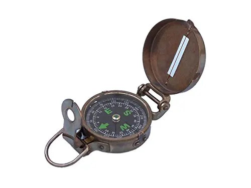 Vintage Brass Handheld Navigation Compass With Lid And Ring, 4 Inch Diameter