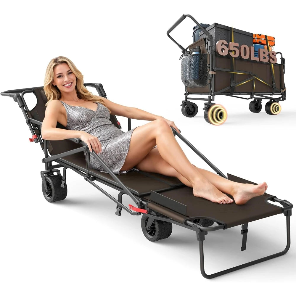 Heavy Duty 2 In 1 Collapsible Folding Wagon 650LB Load All Terrain Brake Wheels Side Pockets For Outdoor Transport