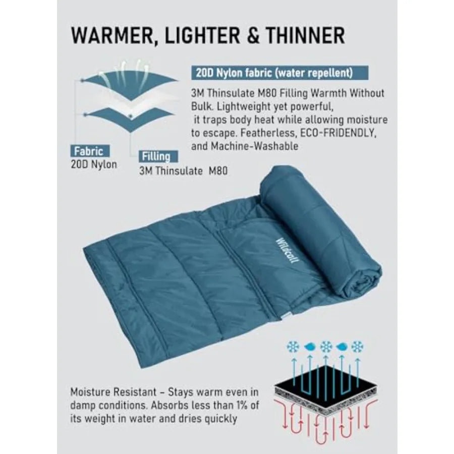 Hooded Camping Blanket with 3M Thinsulate Insulation Wearable Poncho Blanket Ultralight Foldable Quilt Sleeping Bag for Outdoor