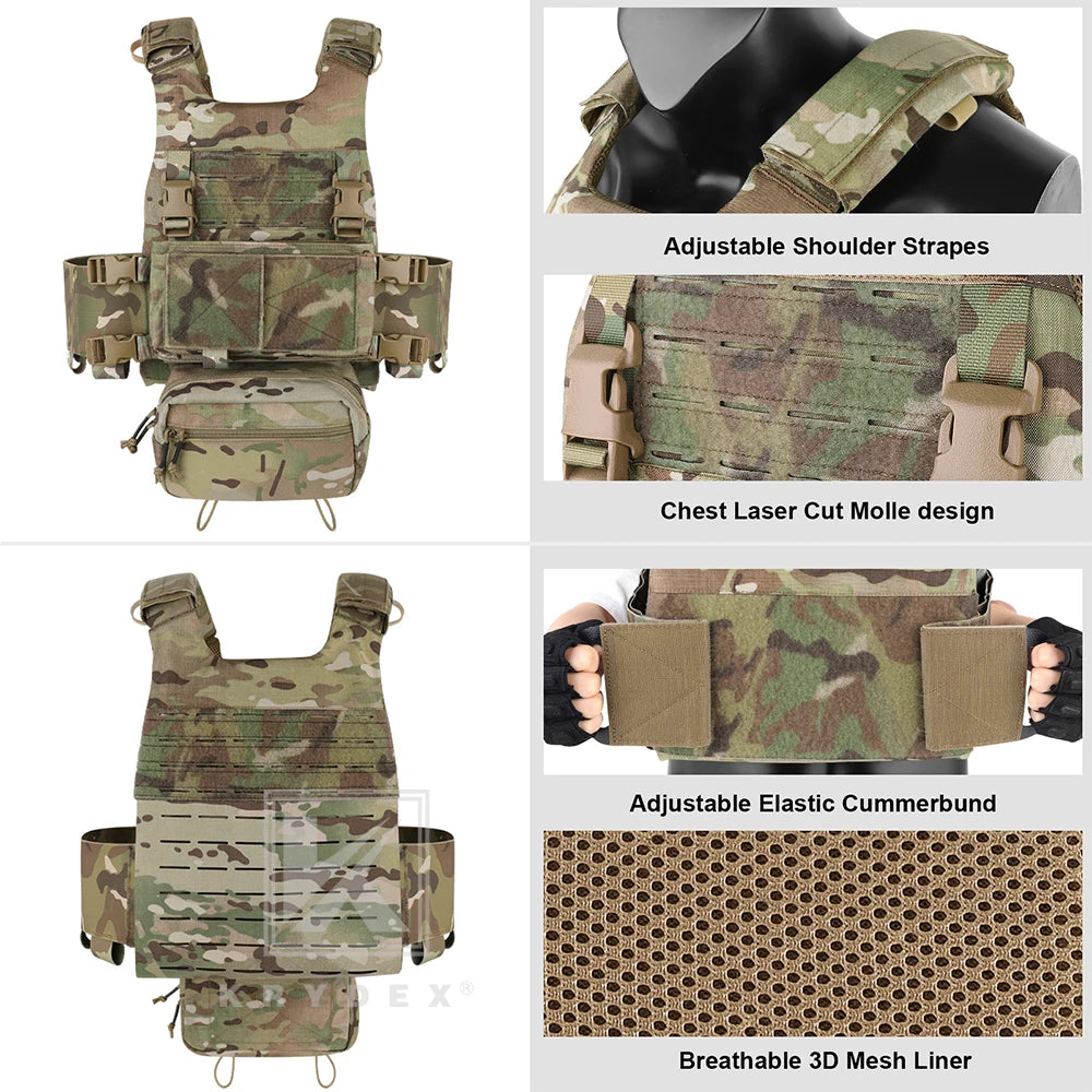 KRYDEX Tactical Vest MOLLE Low Vis Slick Plate Carrier Elastic Cummerbund 7.62 5.56mm Mag Pouch Drop Pouch Lightweight Man Vest