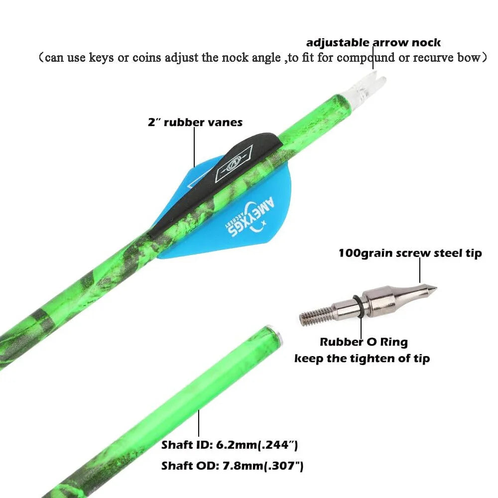 Mixed Carbon Arrows 30 Inch Spine 500 ID6.2mm Rubber Feather Vanes for Compound Recurve Bow Hunting and Outdoor Shooting