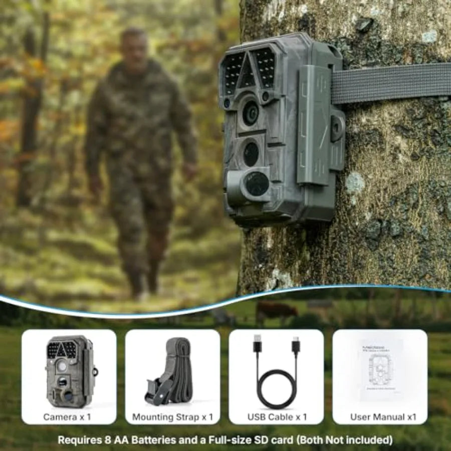 Wildlife hunting trail camera for outdoor use, rugged waterproof plastic body, black color, 64MP resolution with no-glow IR nig
