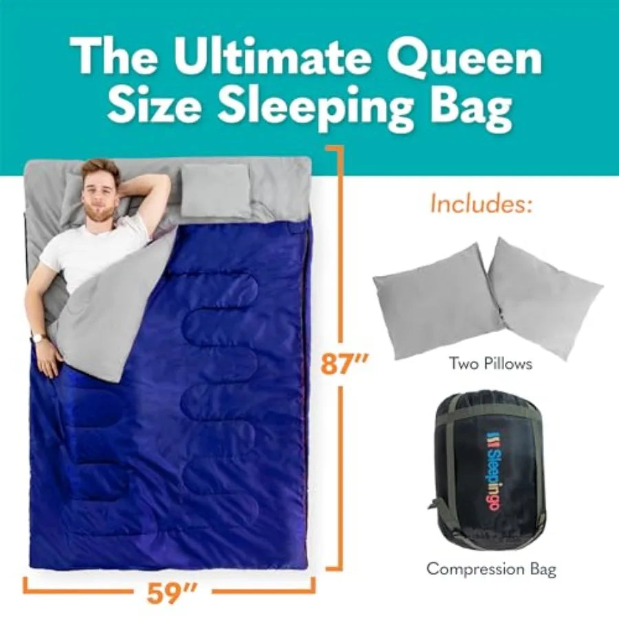 Double Sleeping Bags for Adults Backpacking Camping or Hiking - Waterproof Queen Sleeping Bags for Adults or Teens - Truck Tent