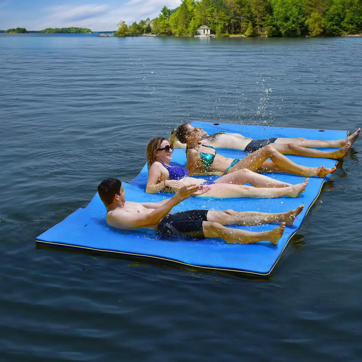 Floating Water Pad, 9/18 FT x 6 FT Water Foam Mat with Rolling Pillow, 3-Layer Floating Island for Pool River Lake, Customized