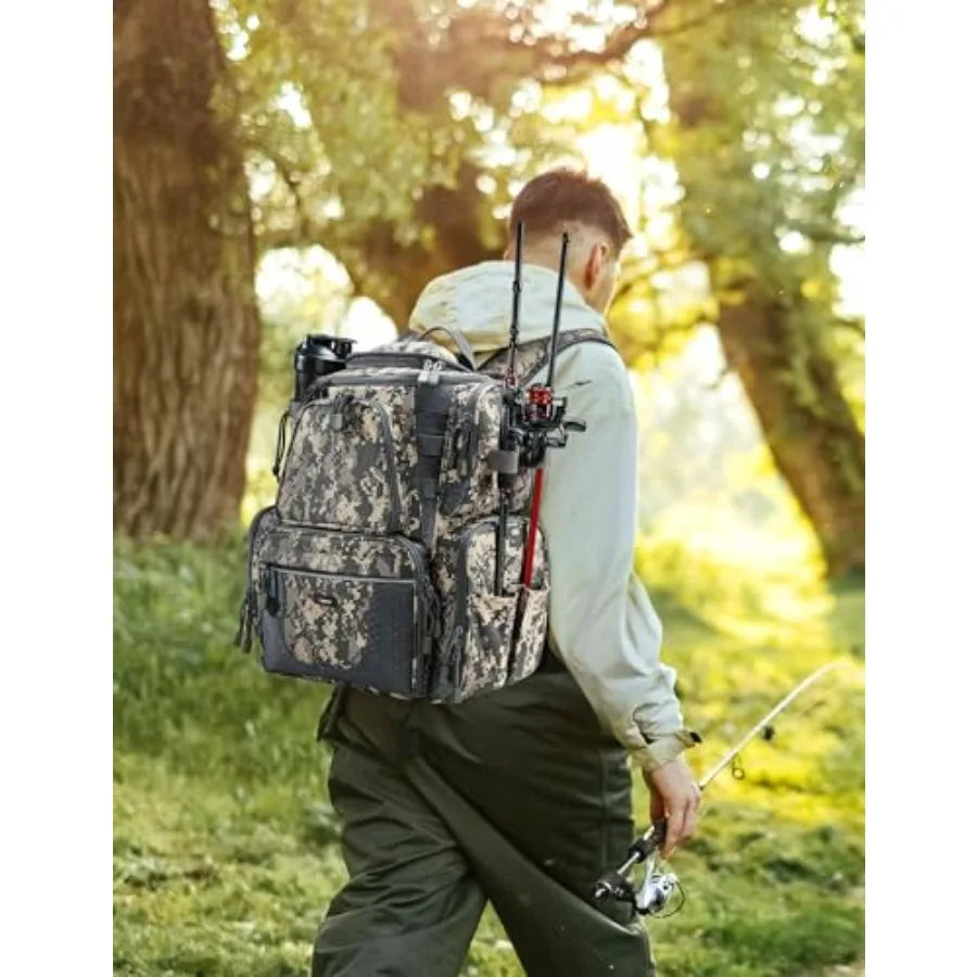 Fishing Backpack with 2 Rod Holders and 4 Tackle Boxes, Large Tackle Storage Bag With Rain Cover for Fishing Gear