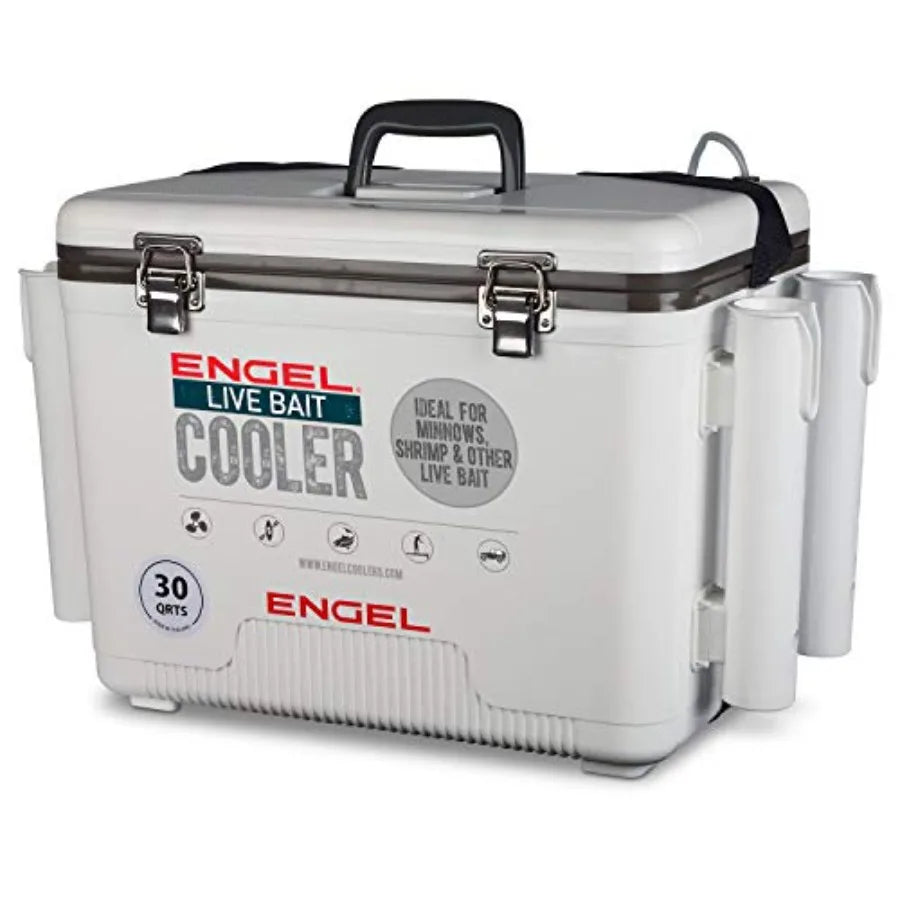 Fishing bait station: 30qt white live bait cooler box with 2nd gen 2-speed aerator pump and 4 rod holders, polyethylene, white,