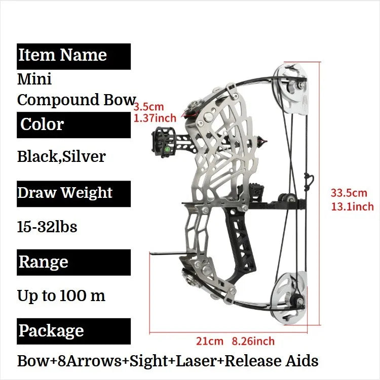 13 Inch Mini Short-Axis Compound Bow Kit 15-32lbs Adjustable Draw Weight Ambidextrous RH LH Design Complete Arrow Set with Laser Sight Lightweight Stainless Steel Limbs for Target Shooting and Small Game Hunting Archery Gear