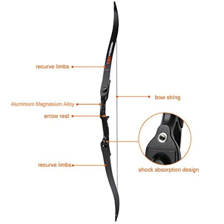 Archery 56 Takedown Hunting Recurve Bow and Arrow Set Metal Riser Right Hand Black Longbow Kit with 6Pcs Carbon Arrows Right Ha