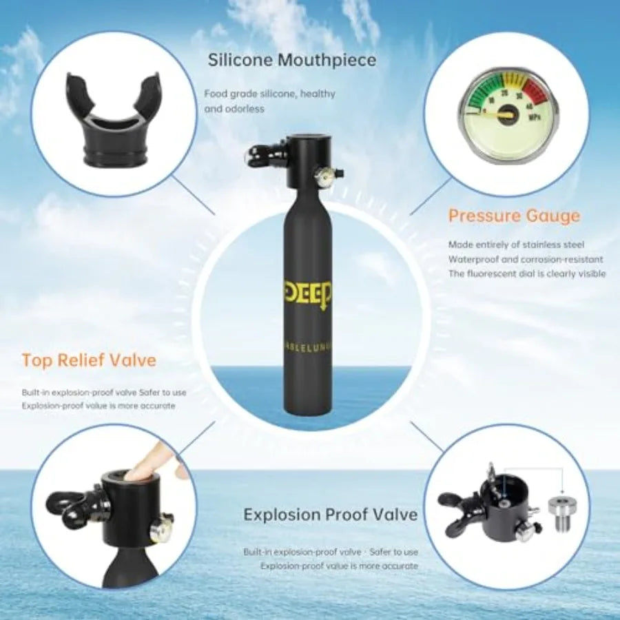 Scuba Tank Diving: Aluminum Alloy, Black, 0.5L Capacity Mini Scuba Tank for 7-10 Minutes Underwater Breathing, Portable Lung Ta
