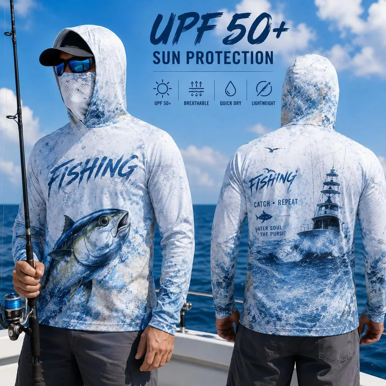 Men Fishing Hoodie Shirt Protection Long Sleeve Face Cover Quick Dry Sun Protection Fishing Jersey Performance Sailfish