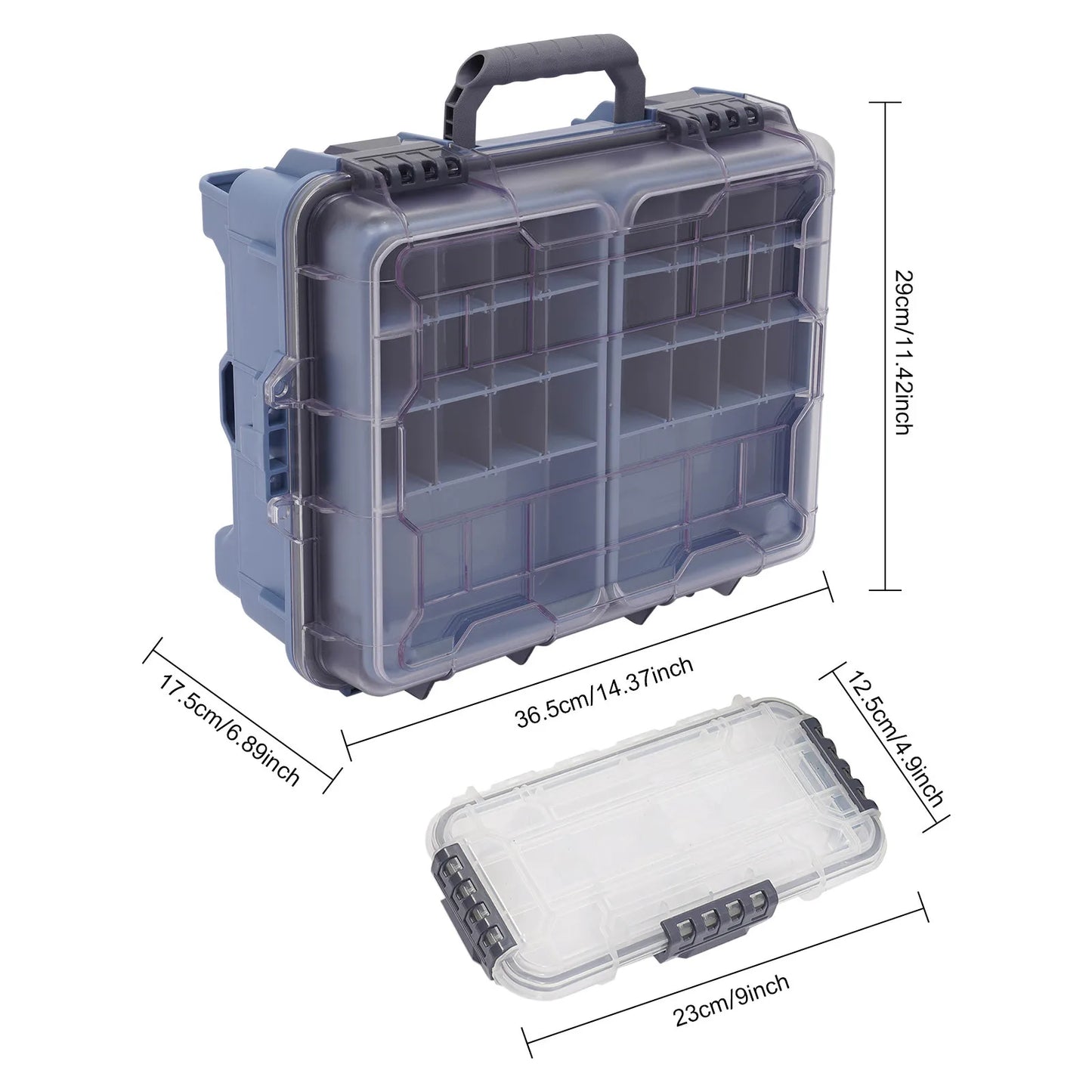 Blue Fishing Tackle Storage Box, Fishing Tackle Box, Fishing Tackle Box with Small Removable Tackle Tray, Suitable for Fishing, Camping, 36.5*29*17.5cm/ 14.37*11.42*6.89in