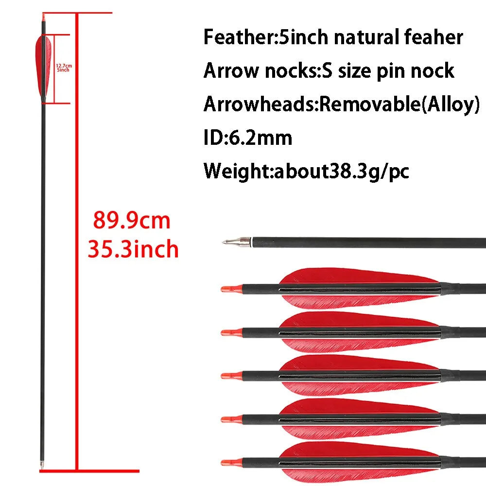 12pcs Spine 500 Mixed Carbon Arrow 35" ID 6.2mm 5inch Turkey Feather Archery Shooting Longbow Recurve Bow Hunting Arrows