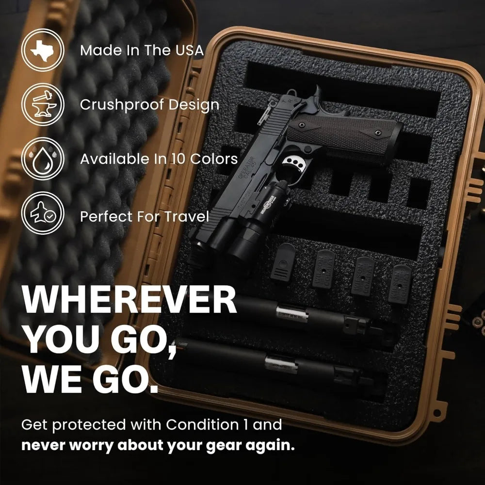 IP67 Waterproof Hard Gun Case for 4 Pistols & 12 Mags, TSA Lockable, Made in USA