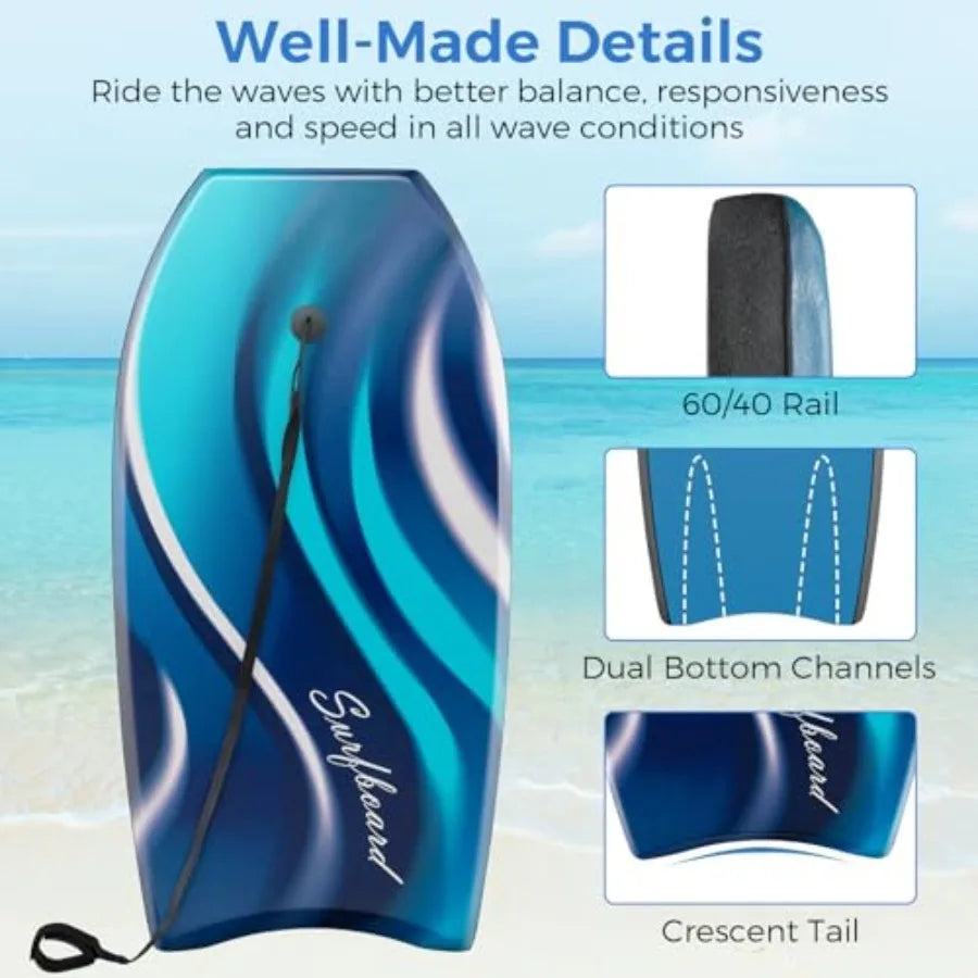 41'' Lightweight Body Board for Beach, Surf Board with EPS Core, XPE Deck, HDPE Slick Bottom, Wrist Leash, Bodyboard for Kids Adults Surfing