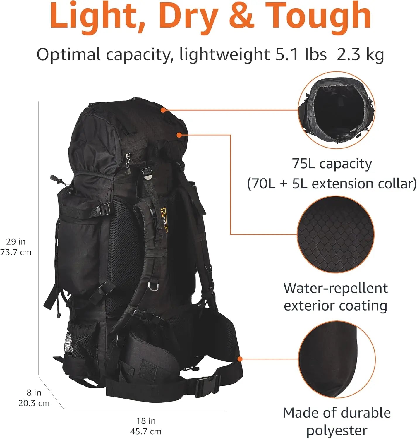75L Internal Frame Hiking Backpack, Adjustable Straps, Rainfly & Waterproof Cover Included