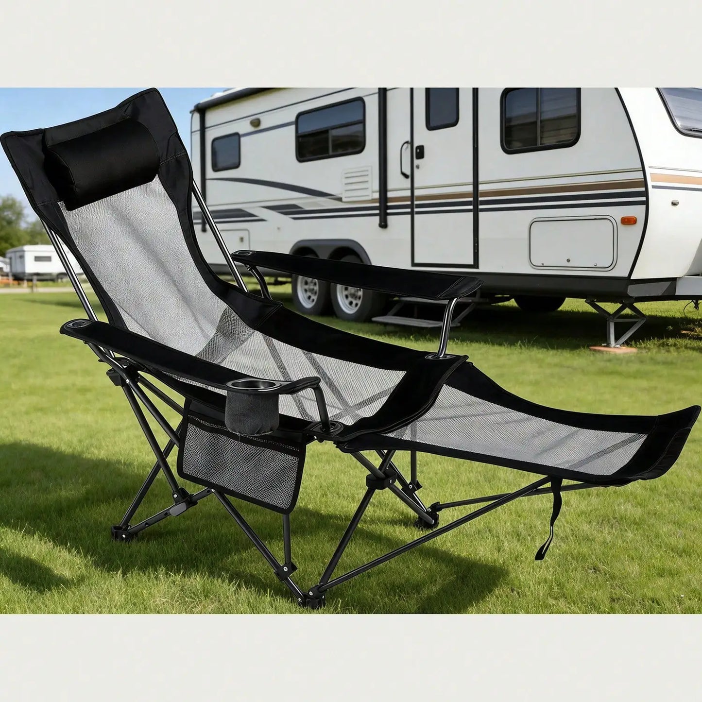 Oaskys 2-In-1 Reclining Camping Chair With Footrest, Portable Folding Lounger For Adults, Mesh Beach Chair With Headrest & Foot