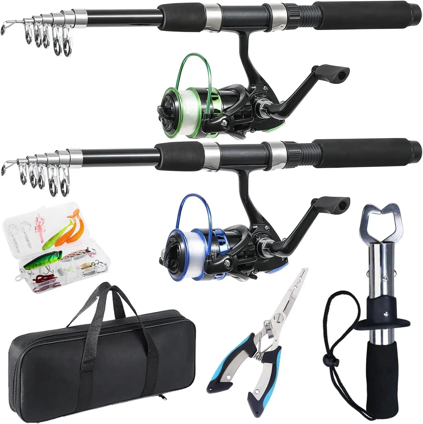 2-Piece Telescopic Fishing Rod & Reel Combo with Pliers, Lip Gripper & Carrier Bag, Pre-Loaded Spinning Reels, 6.9ft Each
