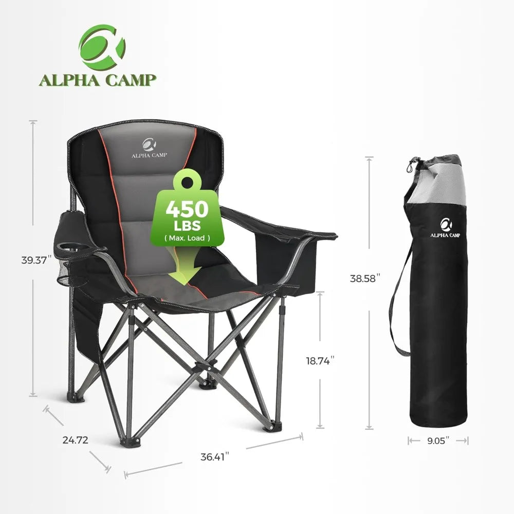 Heavy Duty Camping Chair 500LBS Capacity, Oversized Folding Chair for Heavy People, Padded Portable Outdoor Chair with Cooler Bag & Cup Holder for Camping, Fishing, Beach