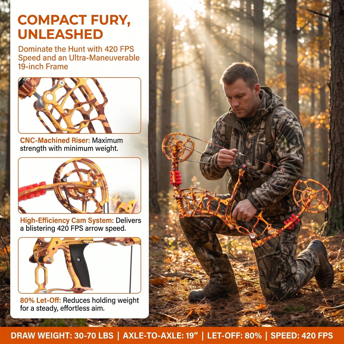 Compound Dual-use Bow 30-60lbs 19 Inch Axle 80 Percent Let-off 420FPS Right Hand Steel Ball Archery Bow for Outdoor Hunting Target Shooting