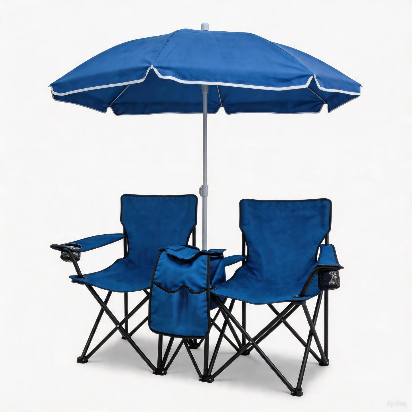 Portable Folding 2-Person Beach Chair Set with Tilt Umbrella and Insulated Cooler for Camping Picnic